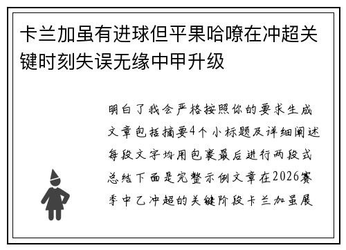 卡兰加虽有进球但平果哈嘹在冲超关键时刻失误无缘中甲升级
