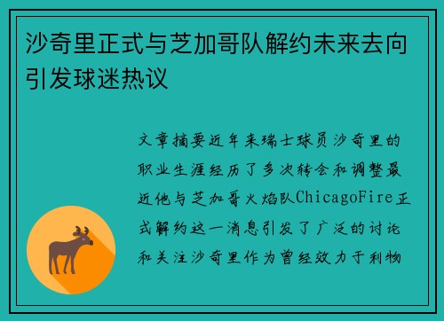 沙奇里正式与芝加哥队解约未来去向引发球迷热议