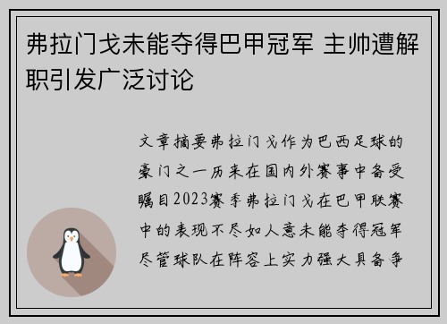 弗拉门戈未能夺得巴甲冠军 主帅遭解职引发广泛讨论